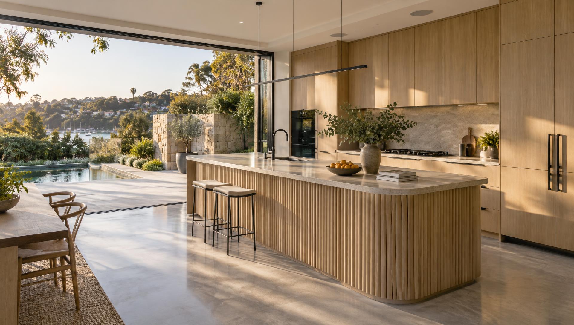 A modern kitchen with blonde oak joinery and stone benchtops opening to a sunlit Sydney courtyard
